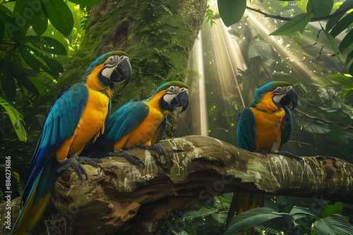 Two Blue & Gold Macaw resting on the branch of a majestic ancient tree in a dense jungle, with lush green foliage all around. 