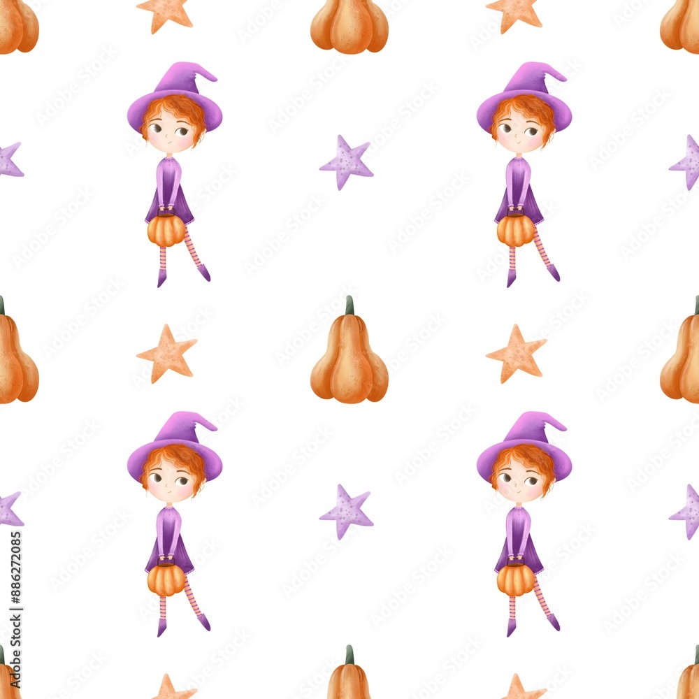 Seamless pattern spooky Halloween . Watercolor witch.Hand draw illustration.Happy Halloween.Cute pumpkin Seamless pattern spooky Halloween . Watercolor witch.Hand draw illustration.Happy Halloween.Cute pumpkin