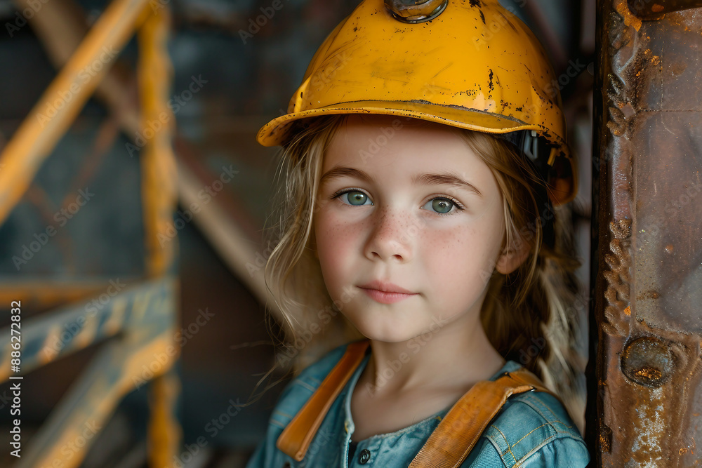 Created with generative AI image of cute small child wearing helmet and costume like an adult Created with generative AI image of cute small child wearing helmet and costume like an adult