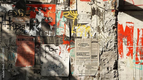 Wallpaper Mural A textured urban wall plastered with torn posters and vibrant graffiti, reflecting street art's raw and gritty aesthetics. Torontodigital.ca