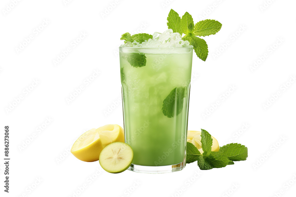 Fototapeta premium Refreshing Green Apple Mint Drink With Ice and Lemon Slices on a White or Clear Surface PNG Transparent Background.