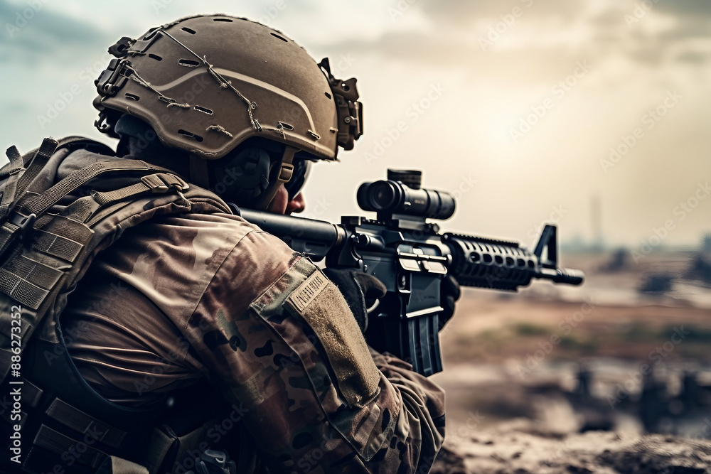 Portrait of a male equipped soldier in military uniform with weapon Portrait of a male equipped soldier in military uniform with weapon