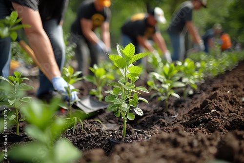 Volunteers planting trees in a community park, with people of all ages working together, shovels in hand, and a variety of saplings being planted