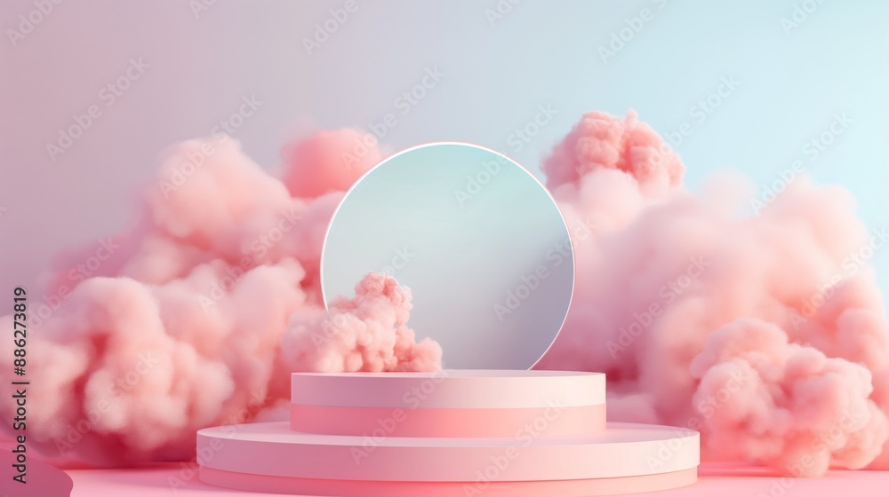 Soft pink clouds surround a central platform, creating a serene and dreamlike atmosphere. Soft pink clouds surround a central platform, creating a serene and dreamlike atmosphere.
