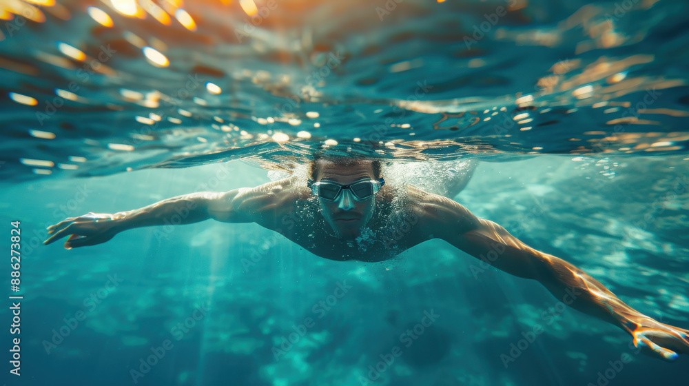 Fototapeta premium A man in blue swim trunks enjoys a refreshing summer swim in a sparkling pool