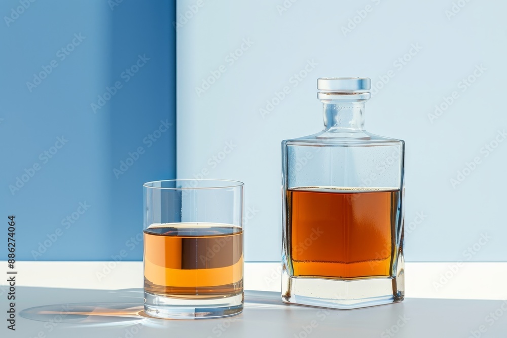 Scotch whisky bottle with ice and decanter atop blue background Scotch whisky bottle with ice and decanter atop blue background