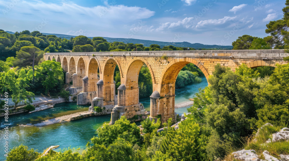 Fototapeta premium The Pont du Gard, a majestic Roman aqueduct bridge with three tiers of arches, stands tall against a summer sky in southern France