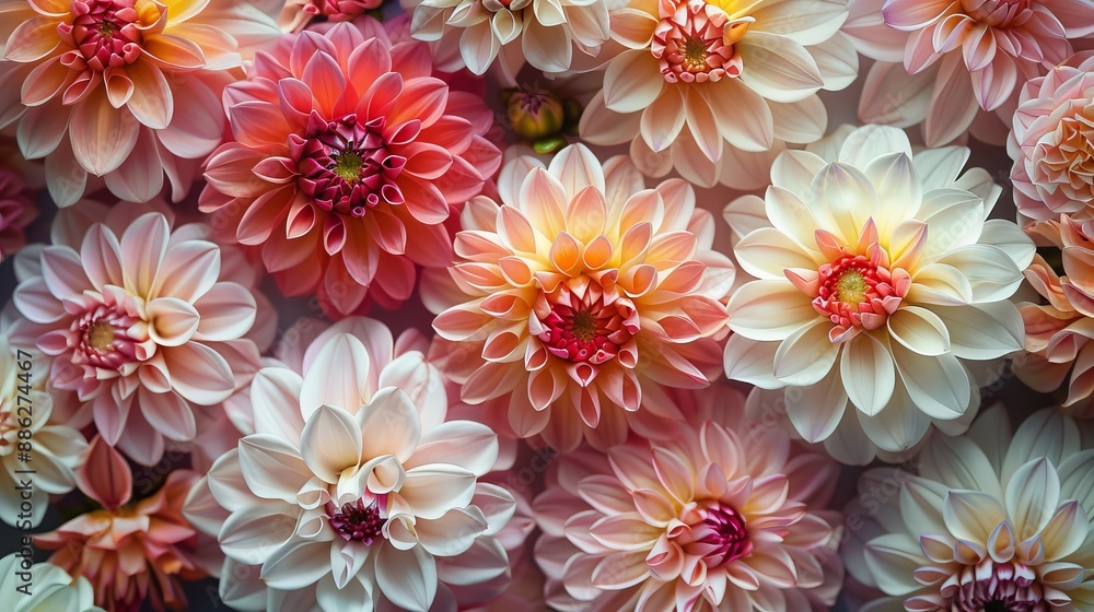 Obraz premium Dahlias and peonies are arranged in an artistic 3D wallpaper, their petals appearing to be soft to the touch.