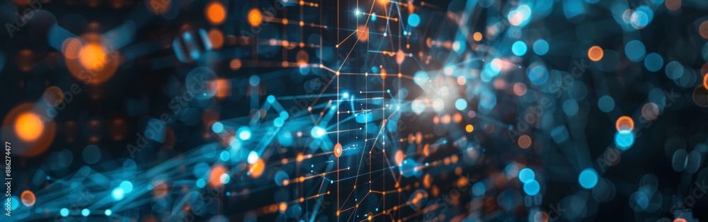 Fototapeta premium Abstract representation of interconnected glowing nodes and lines, symbolizing digital communication and data exchange in a futuristic network.