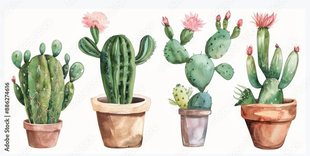A watercolor potted cactus with flowers clipart set isolated on a white background makes great clipart for crafts, invitations, scrapbooking, and art projects A watercolor potted cactus with flowers clipart set isolated on a white background makes great clipart for crafts, invitations, scrapbooking, and art projects