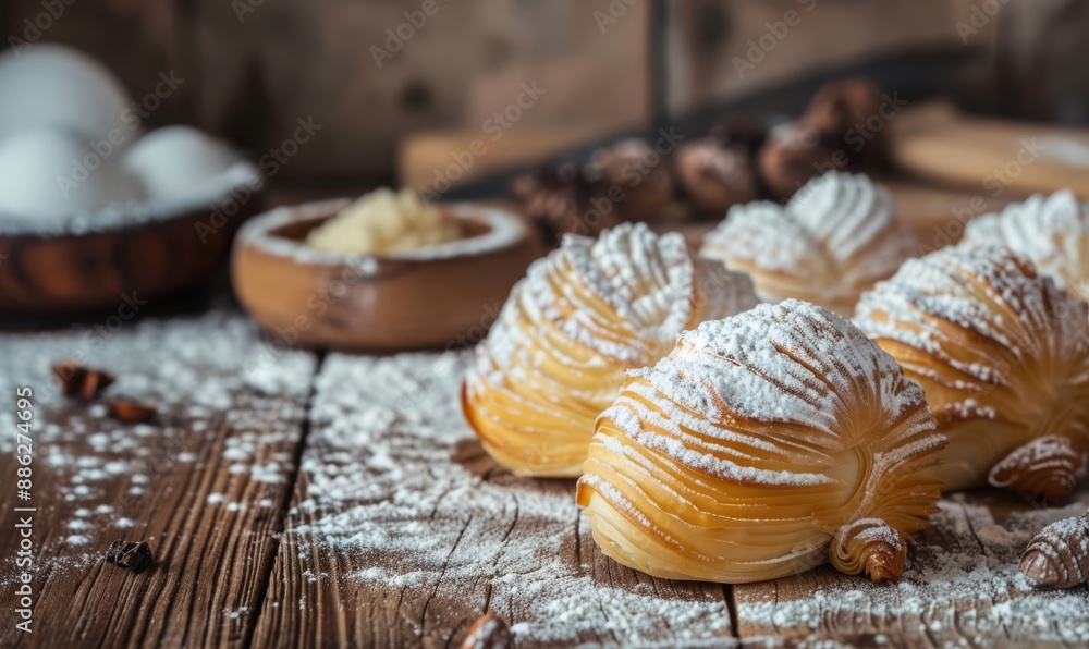 Sfogliatelle - traditional Italian sweet puff pastry on rustic background Sfogliatelle - traditional Italian sweet puff pastry on rustic background