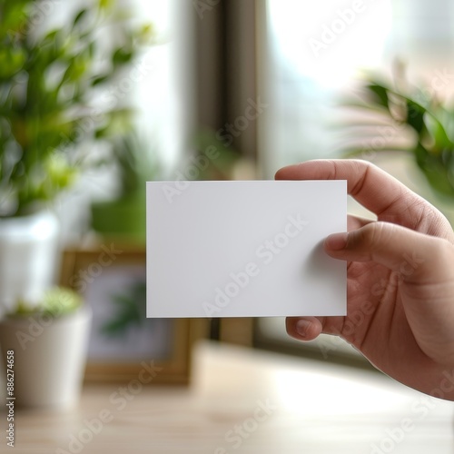 A person is holding a white card with a blank space on it