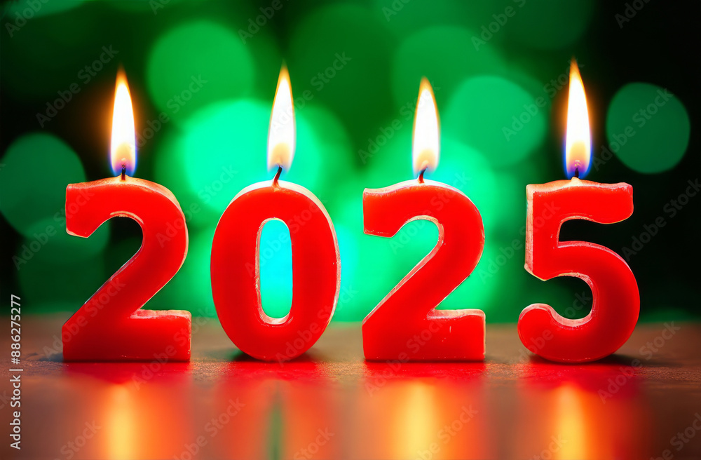 Large red lighted candles in the shape of the numbers 2025 on a green background with a blur effect. Large red lighted candles in the shape of the numbers 2025 on a green background with a blur effect.