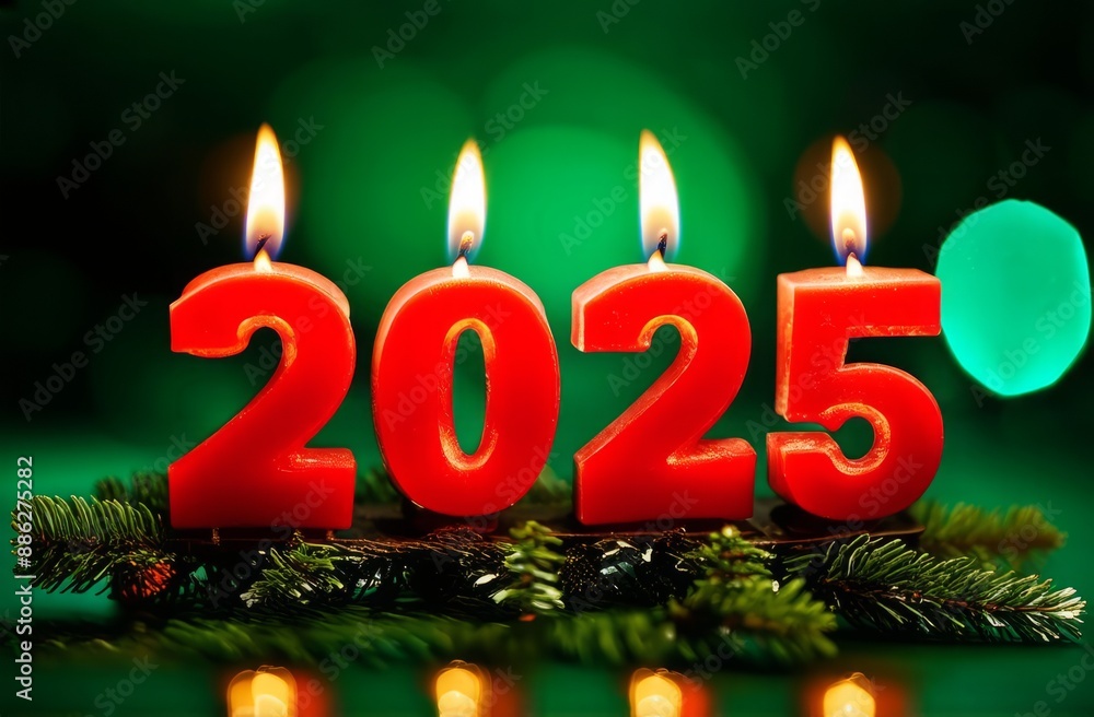 Rich red burning candles in the shape of the numbers 2025 stand on top of fir branches on a contrasting green background. Rich red burning candles in the shape of the numbers 2025 stand on top of fir branches on a contrasting green background.