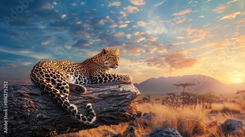 Leopard Resting on a Log at Sunset