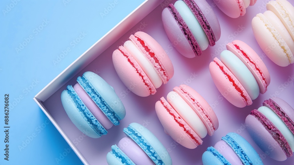 Colorful macarons arranged in elegant boxes, viewed from above, pastel sweets background