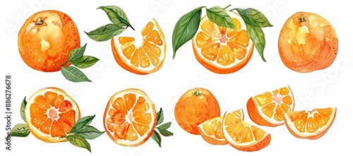 Citrus clipart illustration, oranges with leaves on a transparent background, watercolor illustration