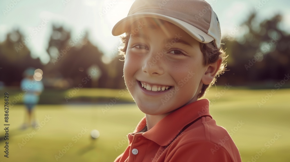 A young boy smiles brightly while enjoying a sunny day on the golf course, wearing a cap and polo shirt.
