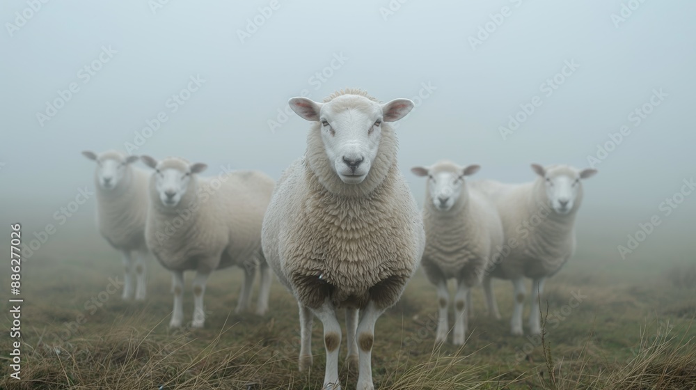 Obraz premium A serene flock of sheep stands alert in a misty meadow, their calm gazes piercing through the foggy air.