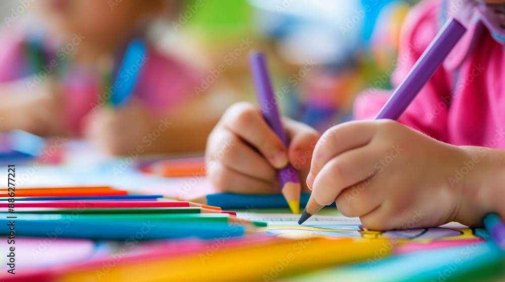 Children drawing and making crafts with generative stock in kindergarten Children drawing and making crafts with generative stock in kindergarten