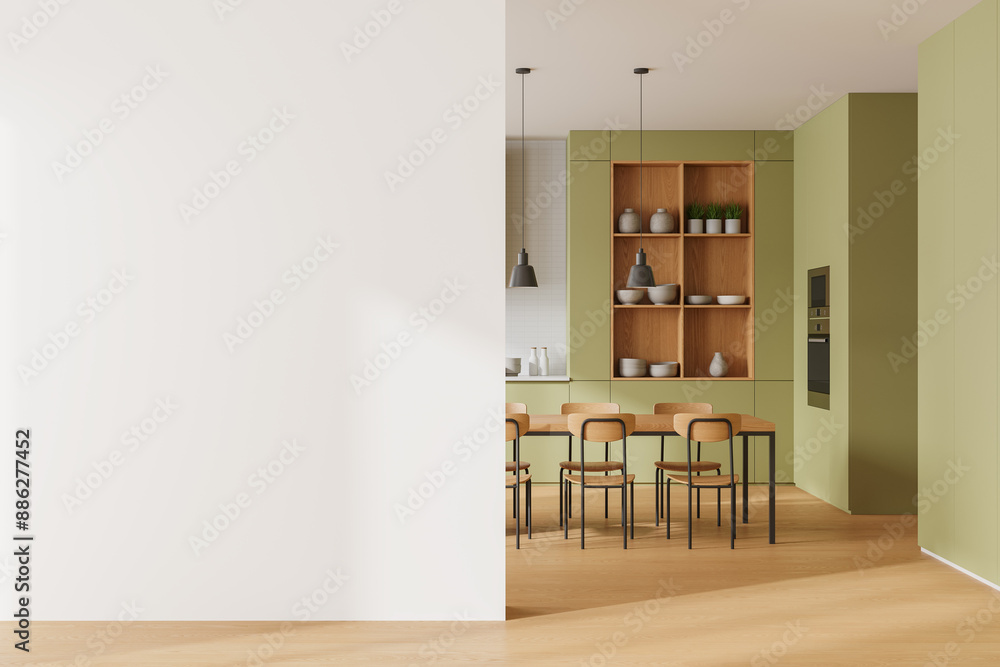 Modern kitchen with green cabinets and wooden accents, wooden table and chairs. Bright minimal interior with decor. Concept of home design. 3D rendering Modern kitchen with green cabinets and wooden accents, wooden table and chairs. Bright minimal interior with decor. Concept of home design. 3D rendering