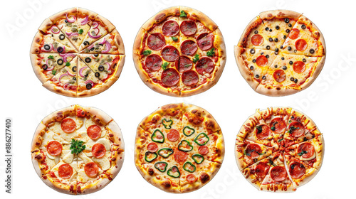 Collection of pizza with various ingredients, transparent background or PNG file. Top view cutouts of fast food