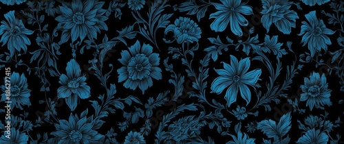 blue floral cloth fabric on plain black background for banner with copy space