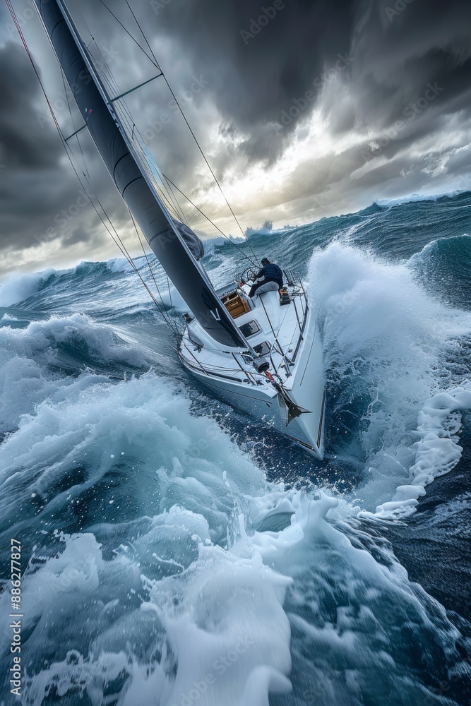 Naklejka premium Man sailing on a contemporary white sailboat in the vast expanse of the open sea