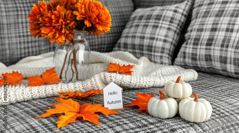 Cozy Autumn Decor With Pumpkins and Leaves Cozy Autumn Decor With Pumpkins and Leaves