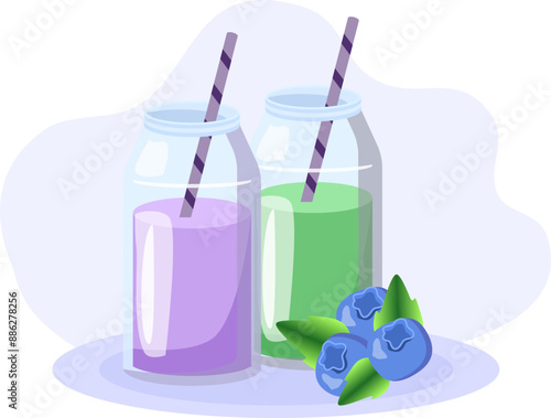 Two bottles with blueberry and green smoothies are standing on the table