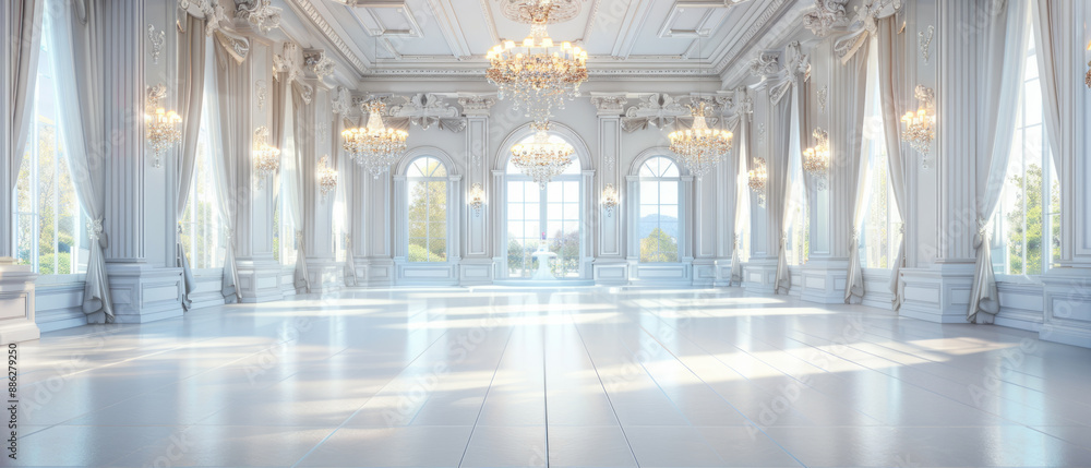Obraz premium Luxurious ballroom with chandeliers, drapes, and grand decorations for a birthday celebration.