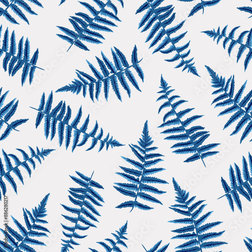 Abstract artistic leaves fern seamless pattern. Vector hand drawing. Stylized shapes blue plants print on a white background. Plain ornament for designs, textile, fabric, cover
