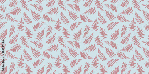 Pastel pattern with abstract artistic tiny leaves fern. Vector hand drawing. Stylized leaf stems seamless print on a light blue background. Simple ornament for designs, textile, fabric, cover