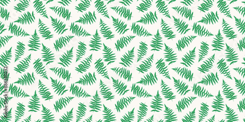 Plain pattern with abstract artistic leaves fern. Vector hand drawing. Green tiny leaf seamless print on a white background. Template for designs, textile, fabric, wallpaper, label, packaging