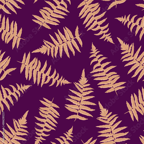 Abstract artistic gold leaves fern seamless pattern. Vector hand drawing. Stylized leaf stems print on a burgundy background. Simple ornament for designs, textile, fabric, cover