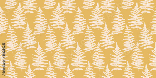 Vintage yellow pattern with abstract artistic branches leaves fern. Vector hand drawing. Shapes stylized plants seamless print. Simple ornament for designs, textile, fabric, cover