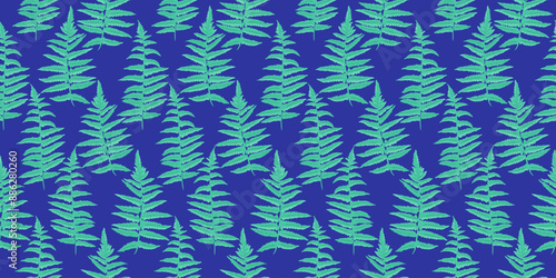 Colored pattern with abstract artistic branches leaves fern. Garden shapes leaf seamless print on a blue background. Vector hand drawing. Simple ornament for designs textile, fabric,cover