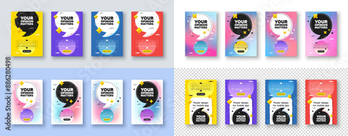 Poster templates design with quote, comma. Your opinion matters tag. Survey or feedback sign. Client comment. Opinion matters poster frame message. Quotation offer bubbles. Comma text balloon. Vector