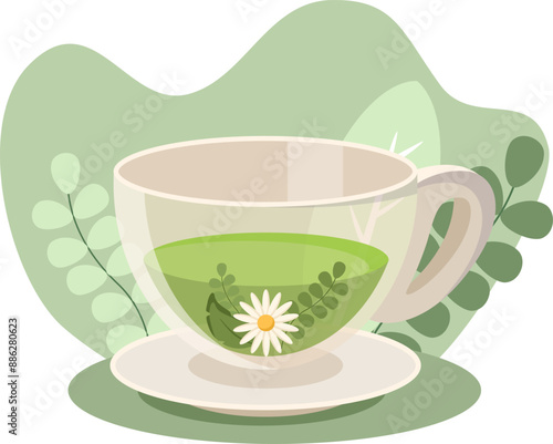 Green tea with herbs and flower relaxing on saucer