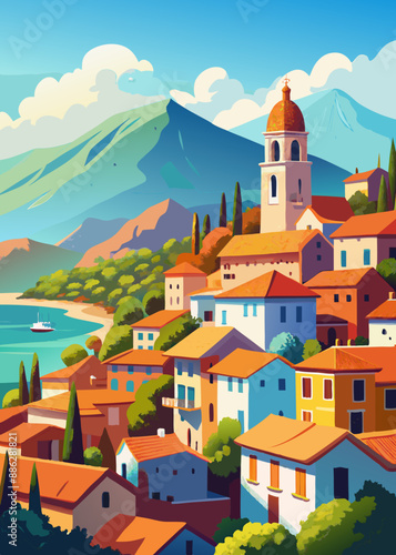 Oil painting of a small town on the Mediterranean Sea, mountains in the background, beautiful summer weather.