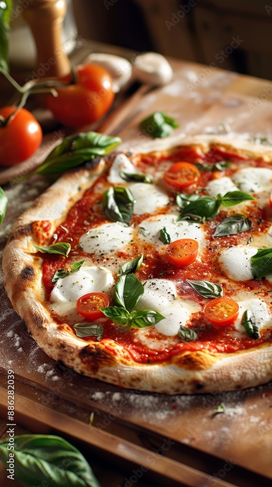 Artisanal Margherita pizza on a wooden pizza peel, garnished with cherry tomatoes and basil, ready for a delightful dining experience. Artisanal Margherita pizza on a wooden pizza peel, garnished with cherry tomatoes and basil, ready for a delightful dining experience.