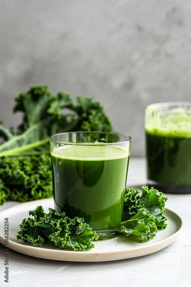 Un plato blanco sobre a gris background with a pitcher of green juice and fresh leaves of Iriada col rizada Un plato blanco sobre a gris background with a pitcher of green juice and fresh leaves of Iriada col rizada