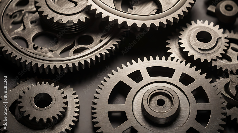 A close-up of interlocking metal gears with intricate details and textures with copy space A close-up of interlocking metal gears with intricate details and textures with copy space