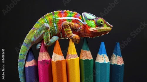 Chameleon on Colorful Pencils