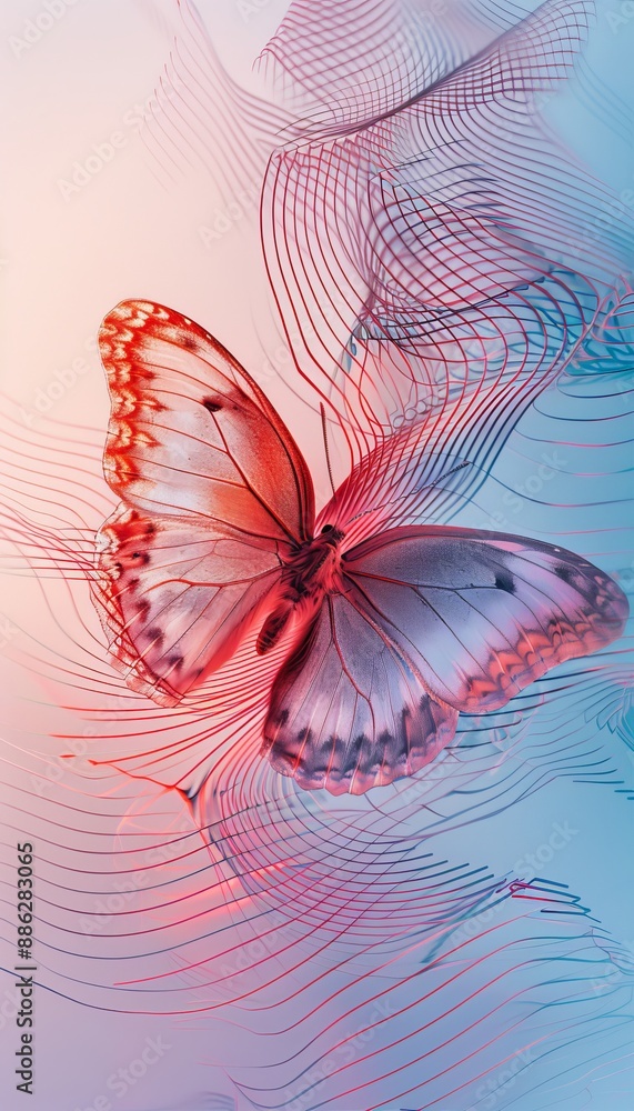 Obraz premium Beautiful butterfly with colorful transparent wings on a background of abstract red and blue lines.