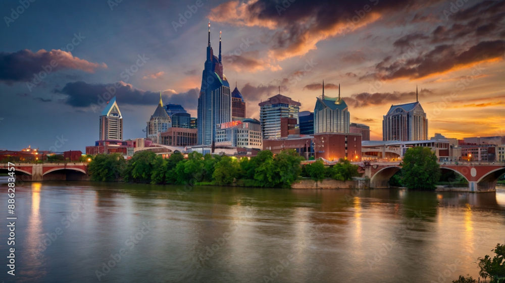 Fototapeta premium Serene Reflections: Nashville's Skyline at Dusk