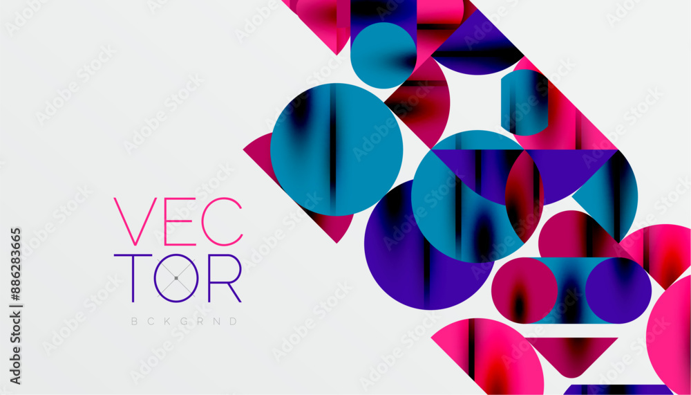Color beautiful circles, semi circles, squares and round triangles. Geometric mosaic style pattern abstract background for wallpaper, banner, backdrop, card, book Illustration, landing page Color beautiful circles, semi circles, squares and round triangles. Geometric mosaic style pattern abstract background for wallpaper, banner, backdrop, card, book Illustration, landing page