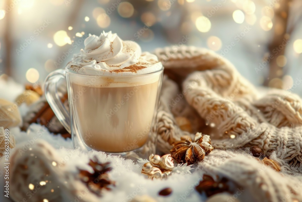 Cappuccino with whipped cream on a snowy surface is surrounded by knitwear, cinnamon sticks, star anise and christmas decoration Cappuccino with whipped cream on a snowy surface is surrounded by knitwear, cinnamon sticks, star anise and christmas decoration