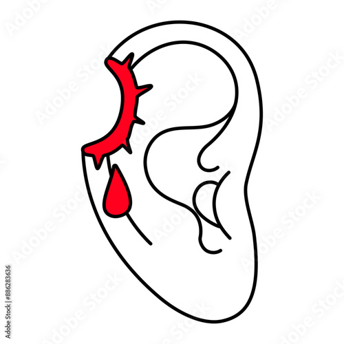 Wounded ear Black and white icon. bullet hole. Injured human ear with blood drops logo. a sense of injury or pain associated with the ear. Flat style Vector illustration