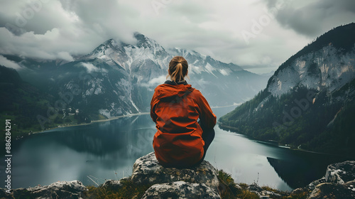 Adventurous girl in an orange jacket sits on the edge of a mountain and looks at beautiful mountains photo